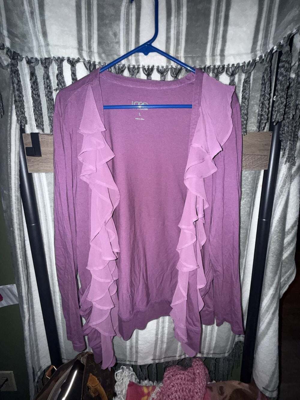 LOGO by Lori Goldstein Cardigan Size L Purple Ruffle Open Front Sweater